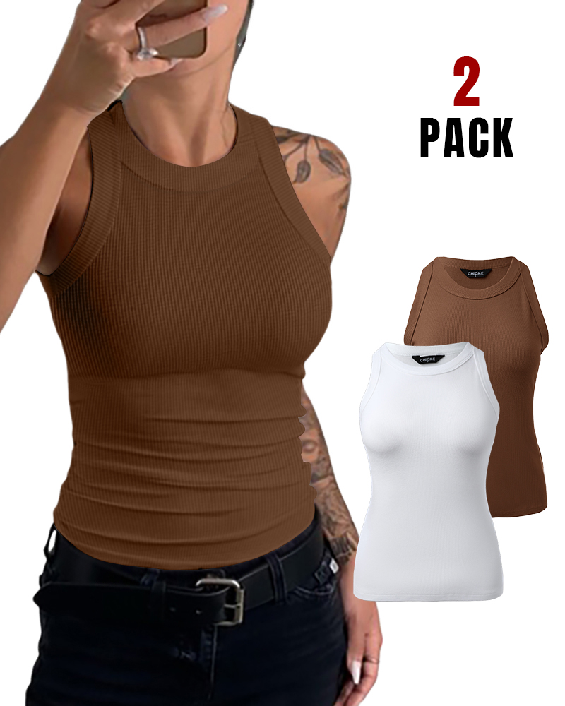 

Lot de 2 débardeurs côtelés à col rond et bretelles épaisses, dos nageur, coupe slim, sans coussinets de soutien-gorge, Style4
