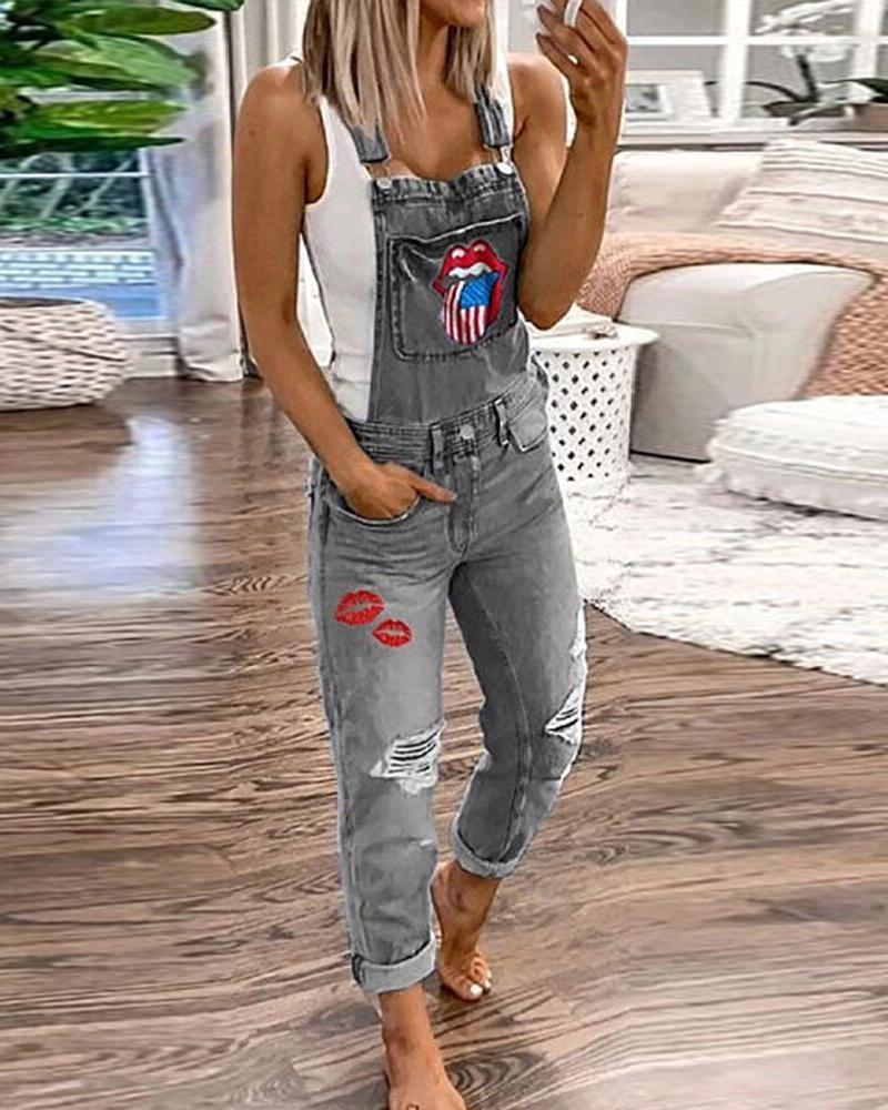 

Lip Print Ripped Pocket Suspender Jeans, Dark grey