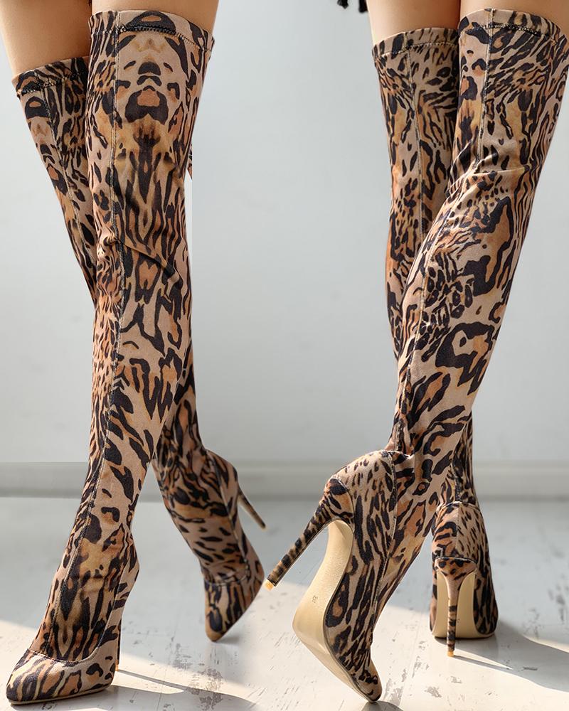 Leopard Print Thin Heeled Thigh High Boots