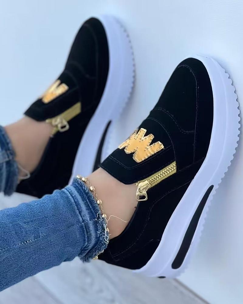 

Letter Pattern Zipper Design Sneakers, Black