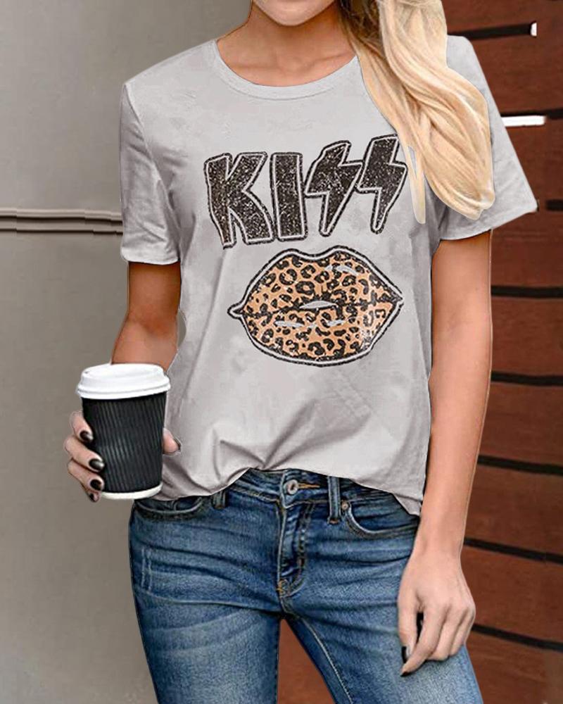 

Cheetah / Lip / Letter Print Casual T-shirt, Gray