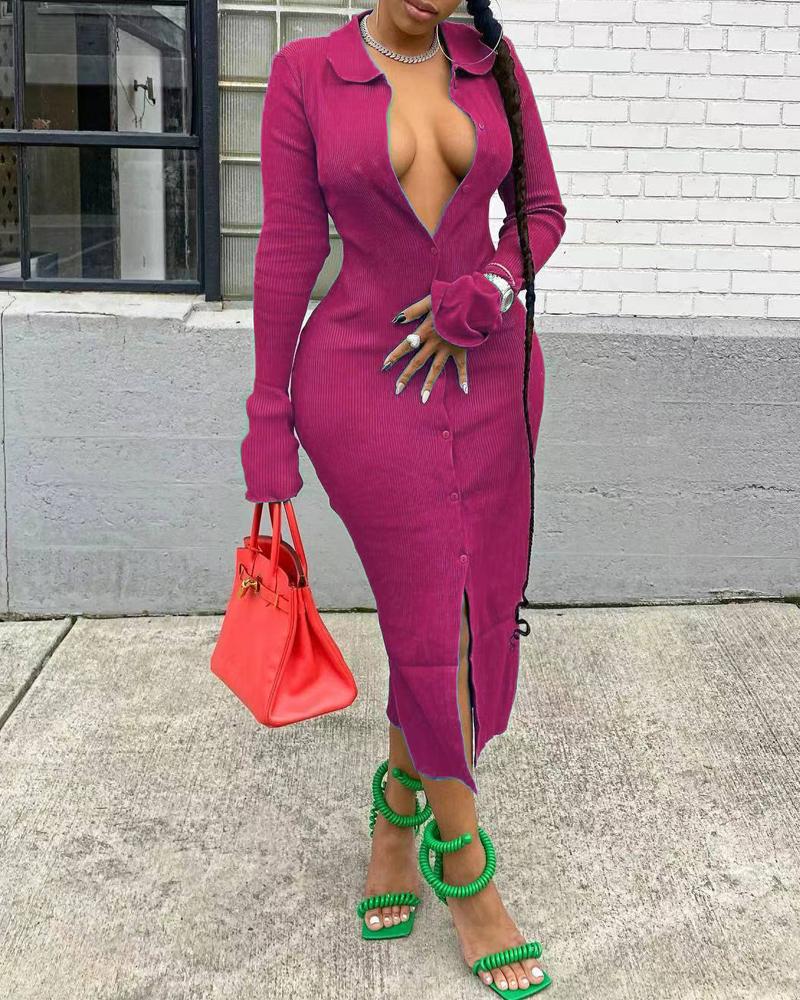 

Bell Sleeve Button Front Ribbed Dress, Hot pink