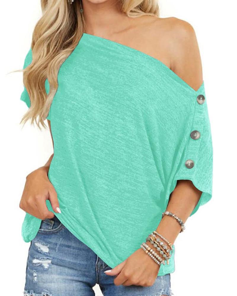 

Cold Shoulder Button Design T-shirt, Light green