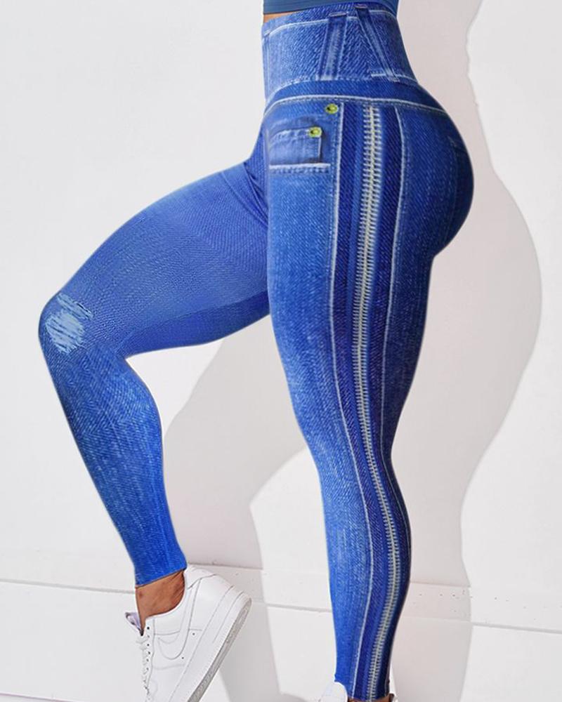 

Women's Leggings Faux Denim Printed High Waist Tummy Control Yoga Pants, Blue