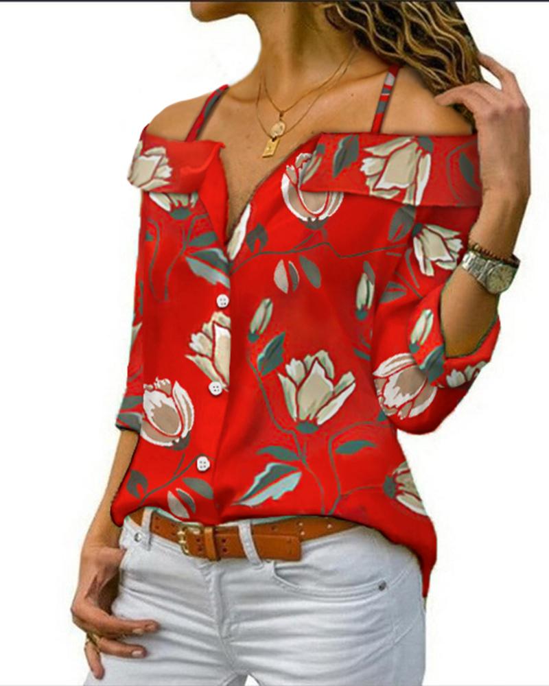 

Printed Floral Cold Shoulder Blouse, Red