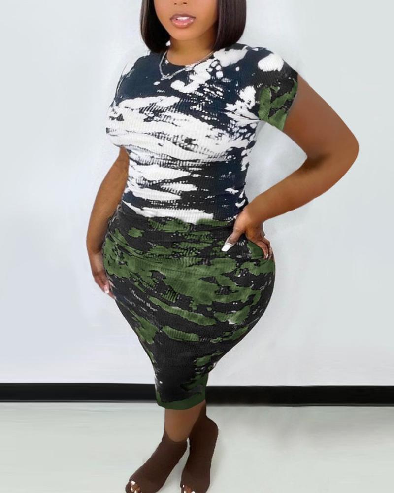 

Plus Size Tie Dye Print Short Sleeve Bodycon Dress, Green