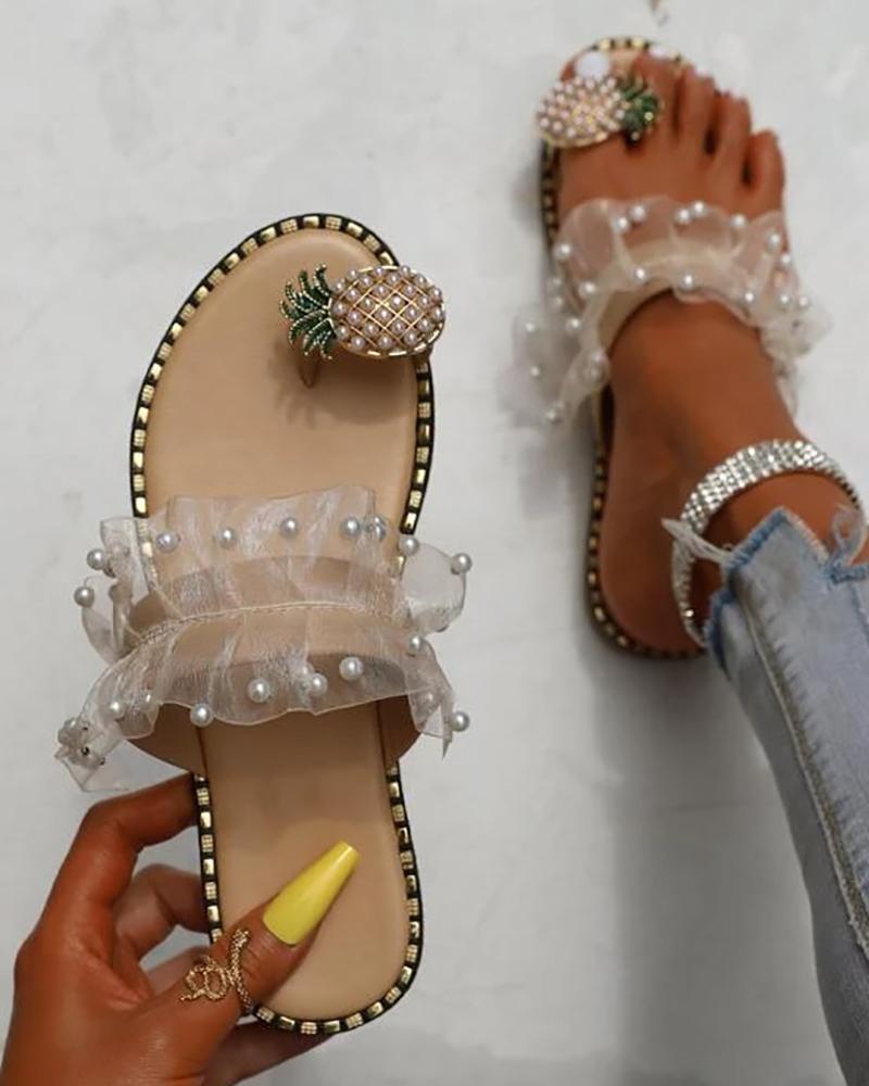 

Toe Post Sheer Mesh Pearls Slippers, Apricot