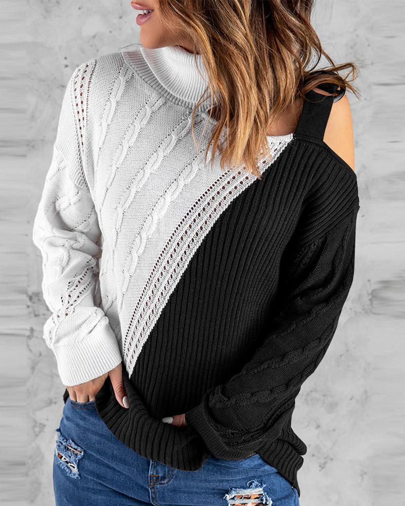 

Colorblock Cold Shoulder Cable Knit Sweater, Black