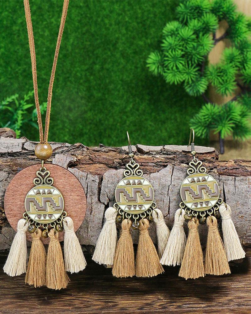 

2pcs Vintage Ethnic Style Geometric Tassel Design Necklace & Hook Earrings Jewelry Set, Brown