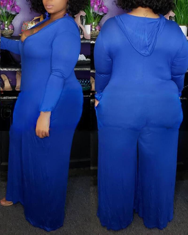 

Plus Size Long Sleeve Hooded Wide Leg Jumpsuit, Blue