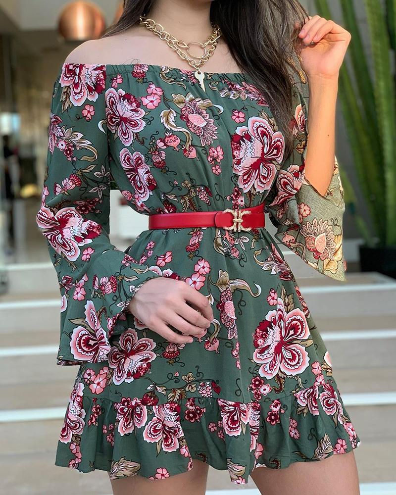 

Off Shoulder Floral Print Bell Sleeve Dress, Army green