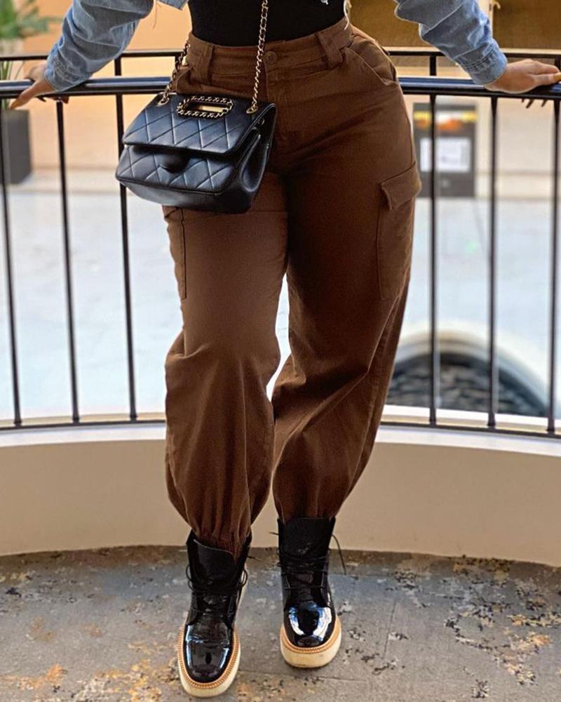 

Single Button Pocket Design Cargo Pants, Brown