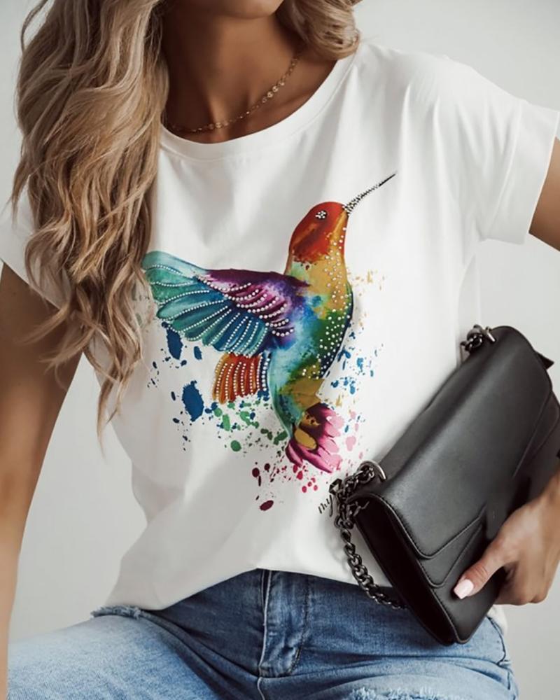 

Studded Bird Print Short Sleeve T-shirt, White