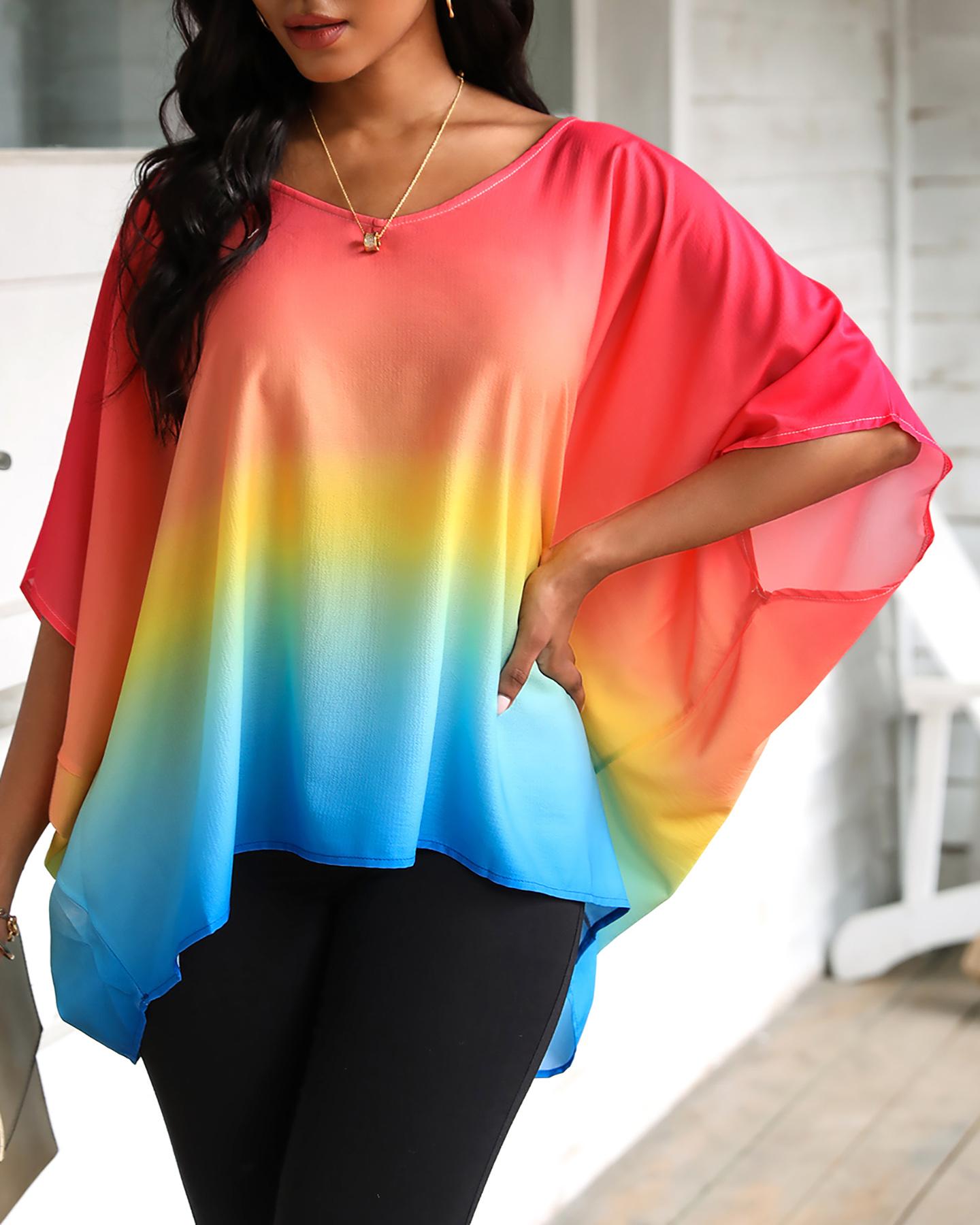 

Gradient Color Tie Dye Print Batwing Sleeve Casual Top, Multicolor