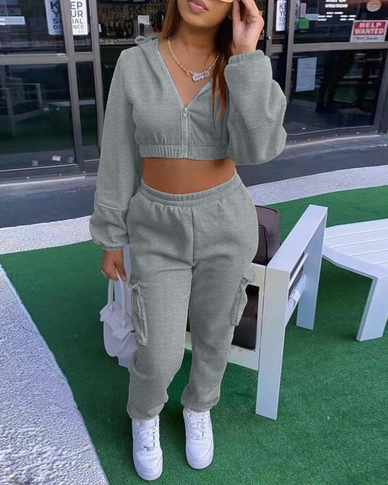 

Long Sleeve Hooded Zip Up Crop Top & Pants Set, Gray