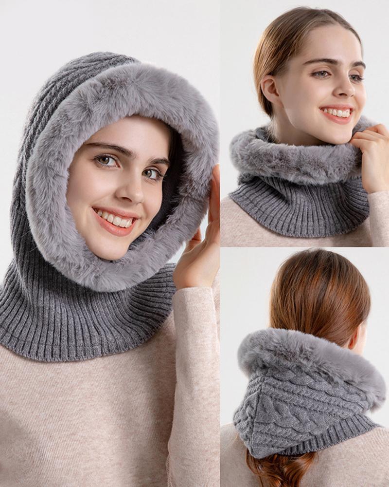 

Windproof Thermal Plaid Buttoned Cable Knit Winter Hat With Neck Warmer, Gray