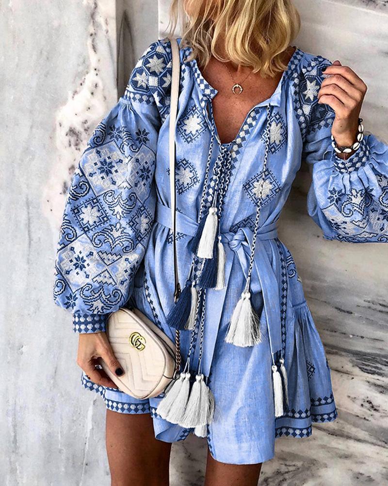 

Boho Style Long Sleeve Belted Dress, Blue