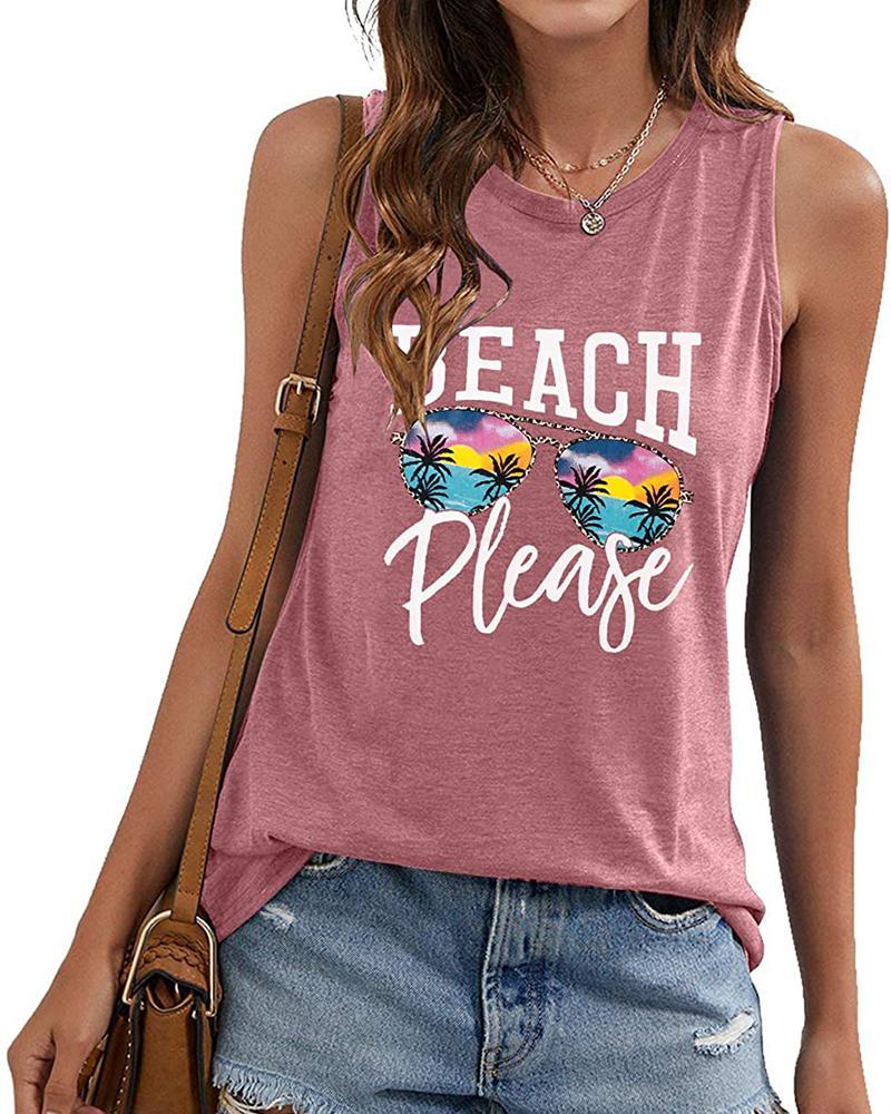 

Coconut Tree Sunglasses Letter Print Summer Tank Top, Pink