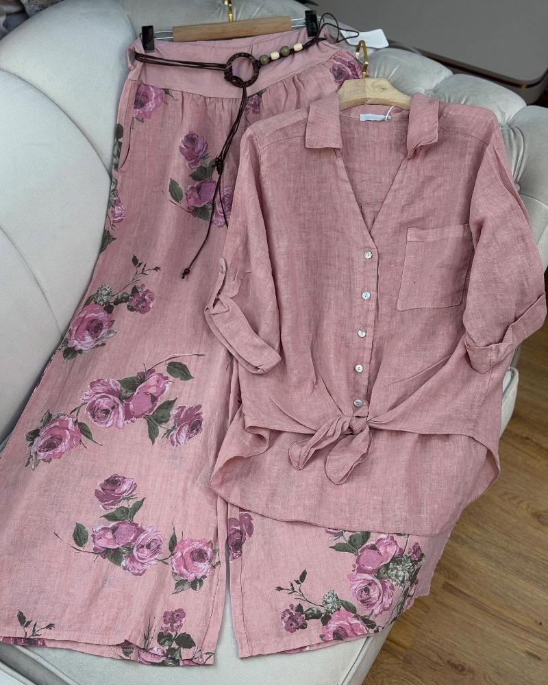 

Conjunto de 2 peças com bolsos, decote em V, botões na frente, mangas dobradas, blusa com nó e estampa floral, cintura elástica, calças largas, conjunto casual de linho, Pink