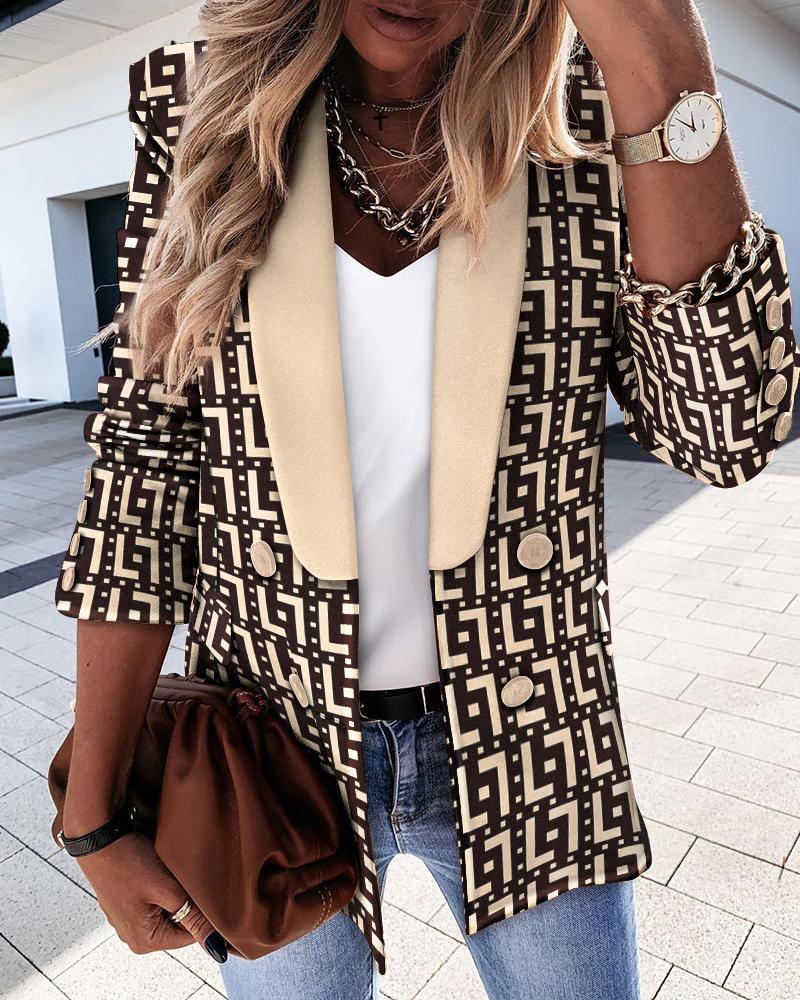 

Geo Print Long Sleeve Double Breasted Blazer, Black