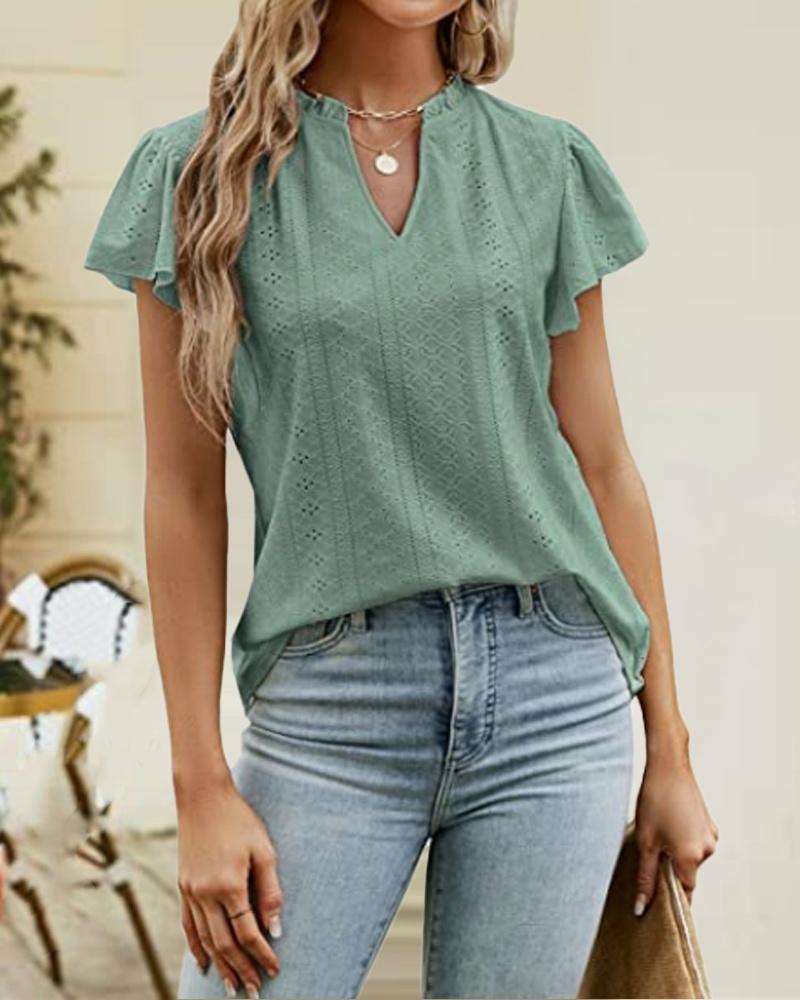 

Hollow Out Frill Hem V-Cut Top, Light green