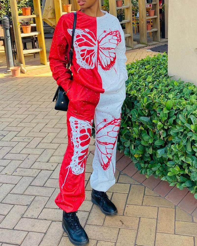 

Butterfly Print Colorblock Long Sleeve Top & Pants Set, Red