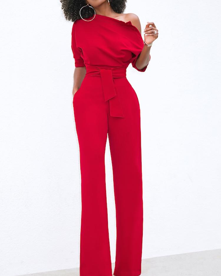 

Short Sleeve Belt Straight Leg Jumpsuit Pants Romper Jumper, Wine red