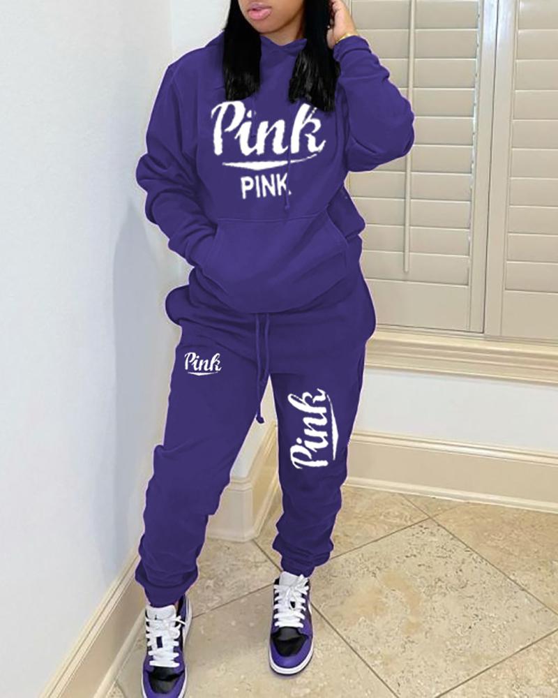 

Letter Print Pocket Design Hooded Top & Pants Set, Purple