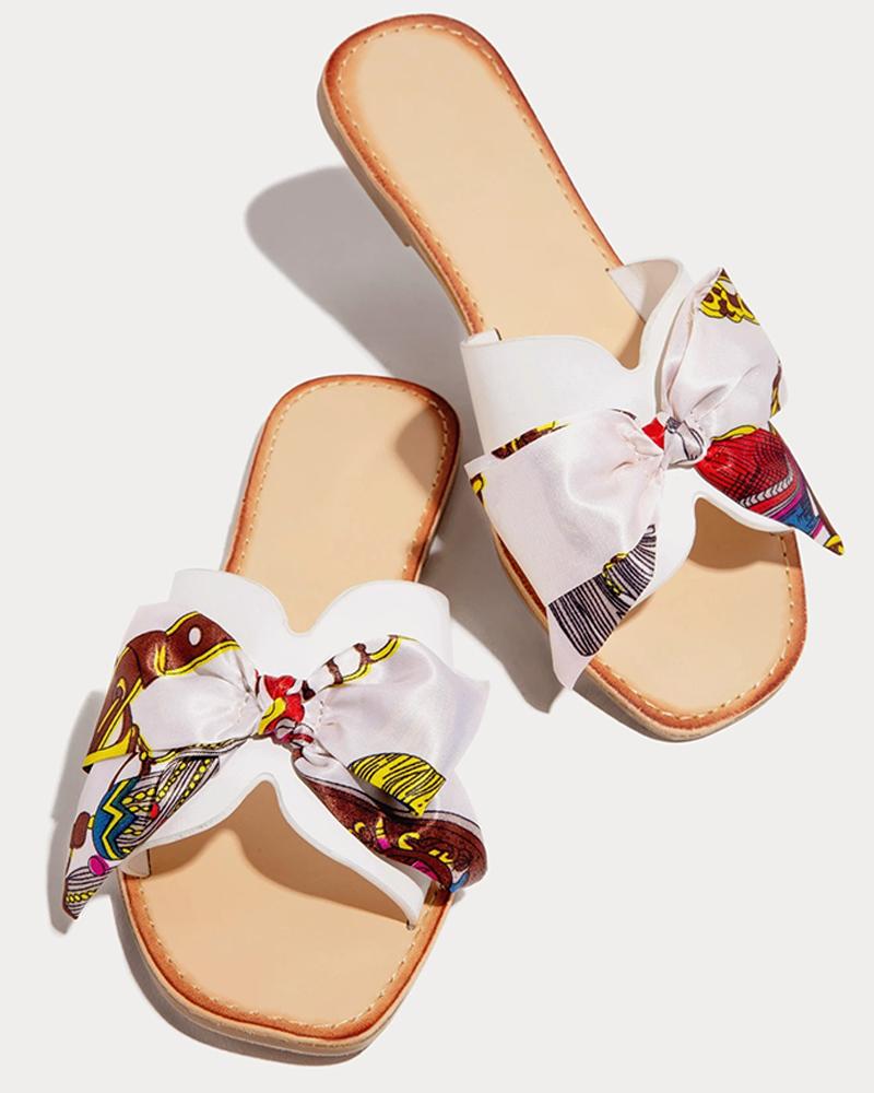 

Floral Bow Open Toe Flat Sandals, White