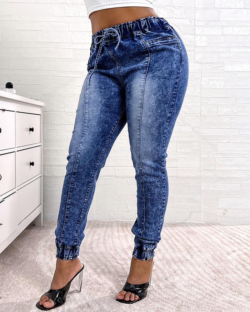 

Drawstring High Waist Cuffed Jeans, Blue