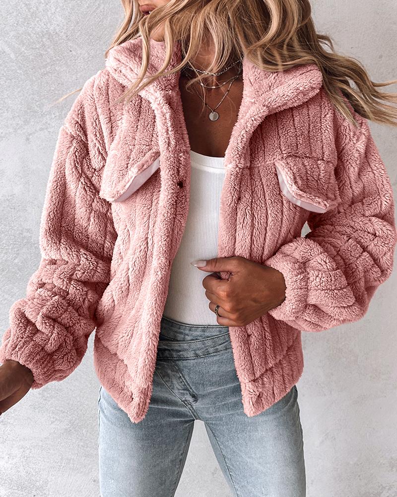 

Turn-down Collar Buttoned Teddy Jacket, Pink