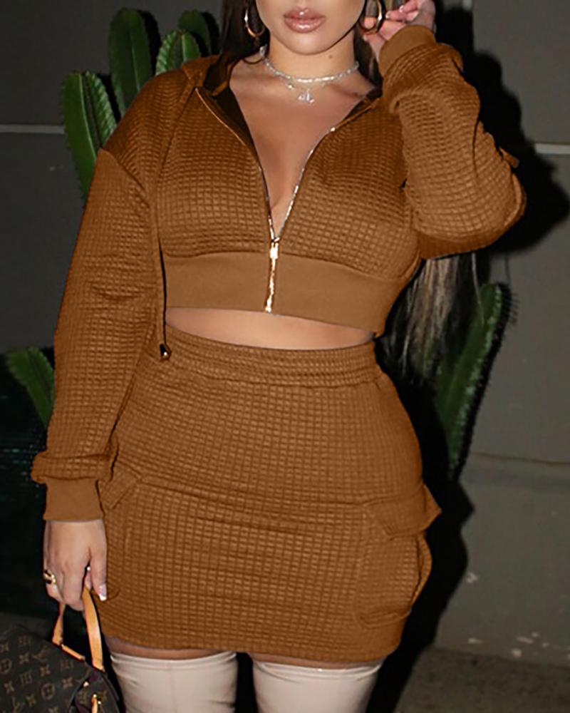 

Zipper Design Hooded Crop Sweatshirt & Skirt Set, Brown