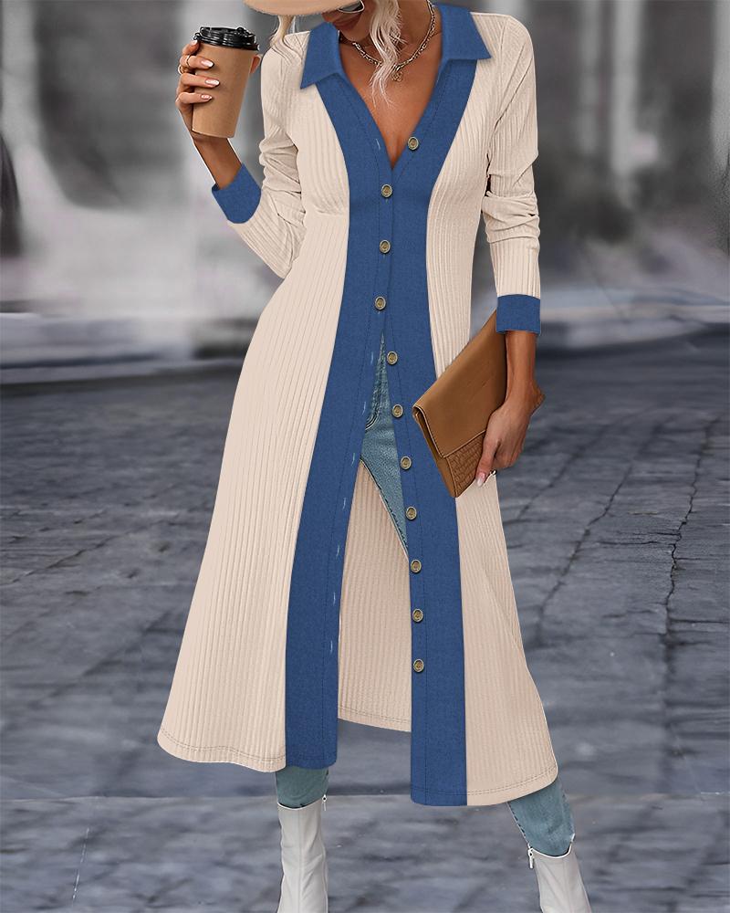 

Colorblock Denim Look Print Ribbed Longline Coat, Apricot