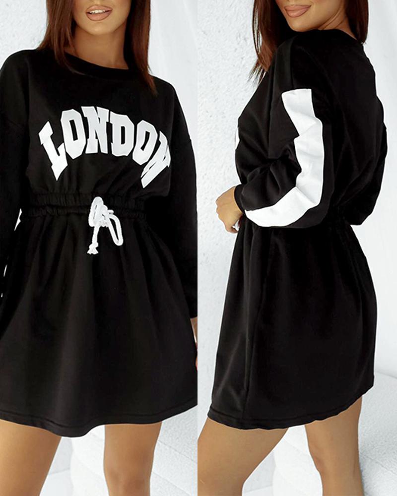 

Letter Print Drawstring Lantern Sleeve Casual Dress, Black