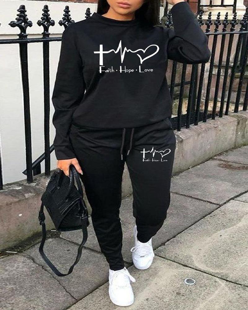 

Plus Size Heart Letter Print Casual Top & Pants Set, Black