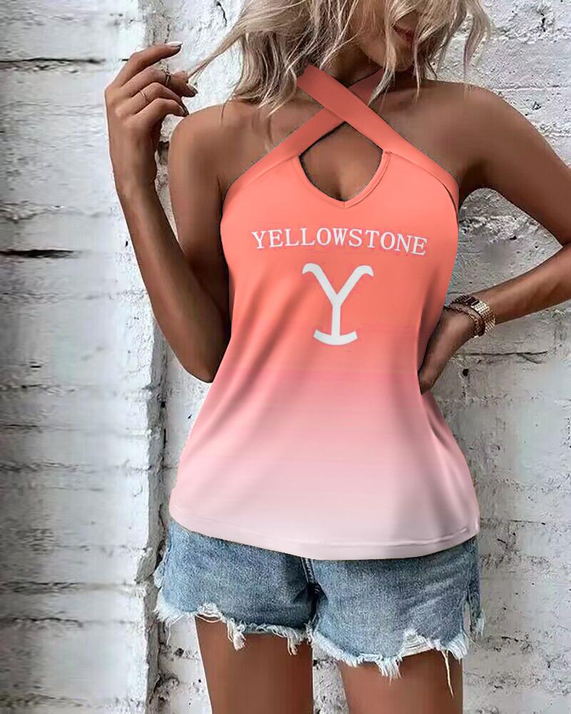 

Yellow Stone Graphic Print Ombre Cross Halter Tank Top, Orange