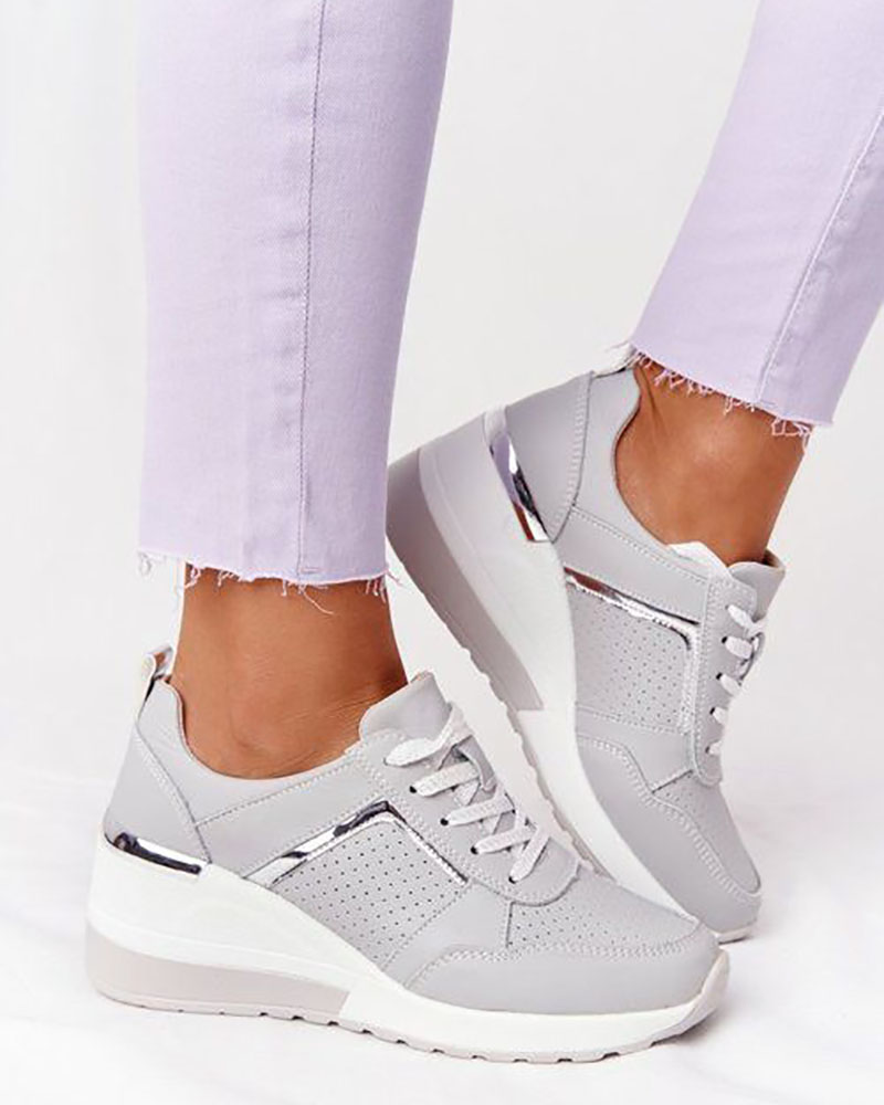 

Lace-up Hollow Out Wedge Sneakers, Gray