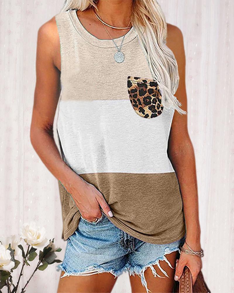 

Leopard Print Colorblock Pocket Design Tank, Khaki