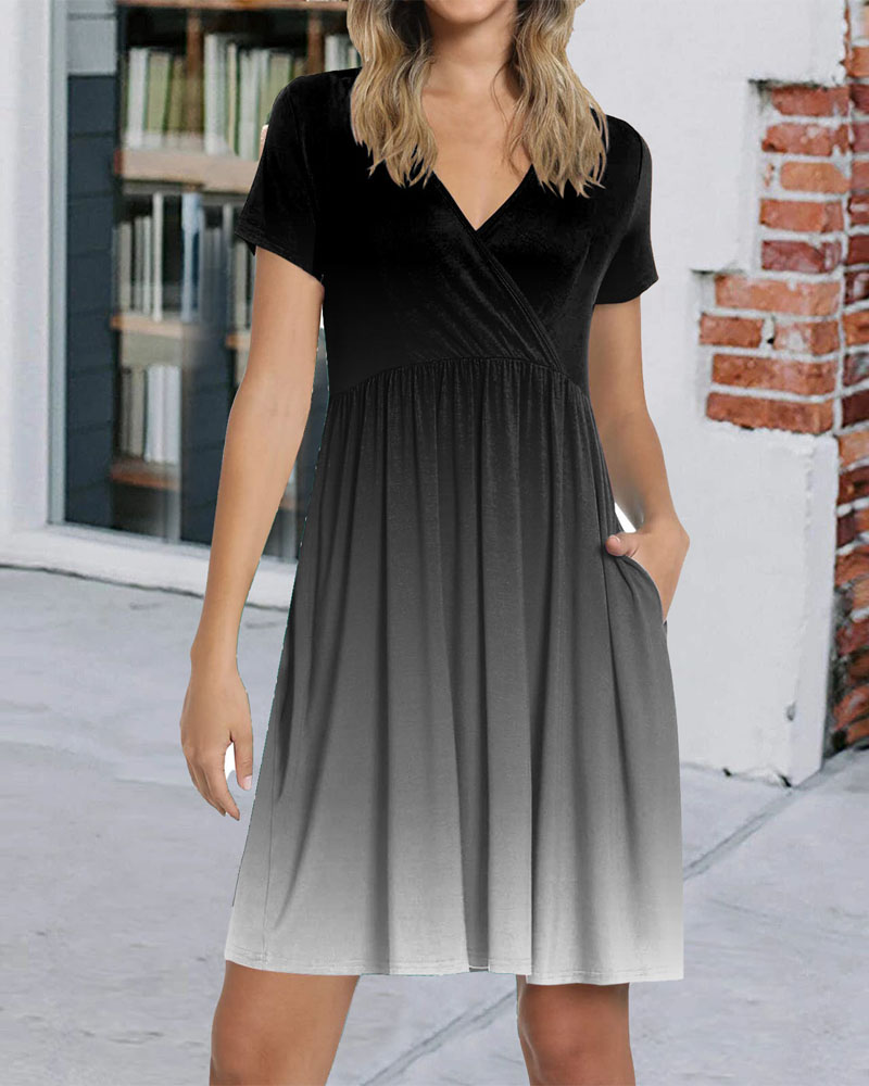 

Ombre Pocket Detail V-Neck Casual Dress, Black