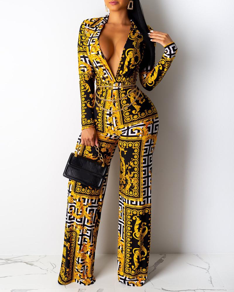 

Retro Print Long Sleeve Wide Leg Jumpsuit, Yellow