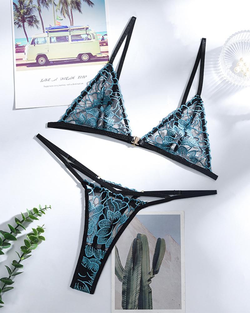 

Sexy See-through Floral Embroidery Sling Bra Sets, Blue
