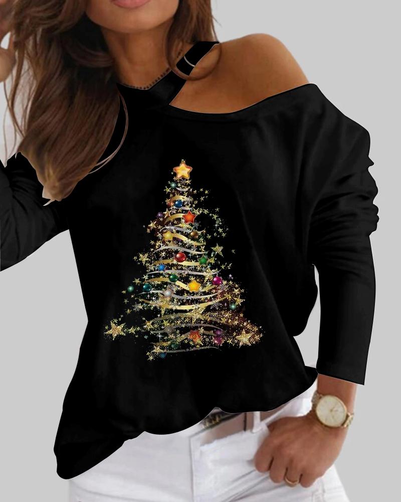 

Christmas Tree Print Cold Shoulder Top, Black