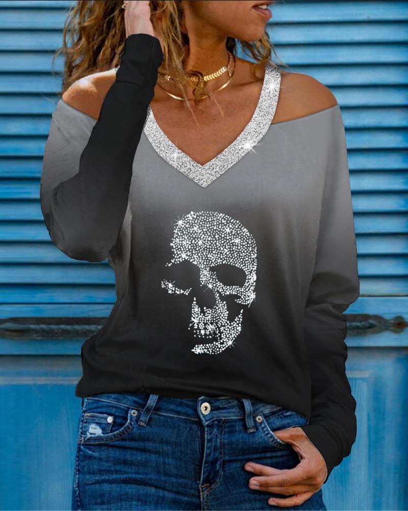 

Skull Studded Print Long Sleeve Cold Shoulder T-shirt, Black