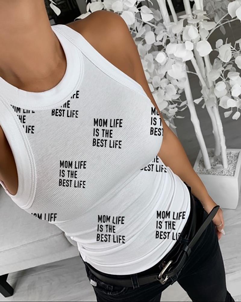 

Mother' Day Letter Print Basic Top Shirt Slim Knit Ribbed Racerback Blouses Tank Tops, White