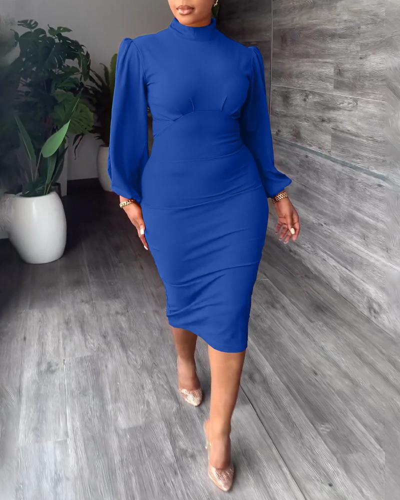 

Plain Puff Sleeve Work Dress, Blue