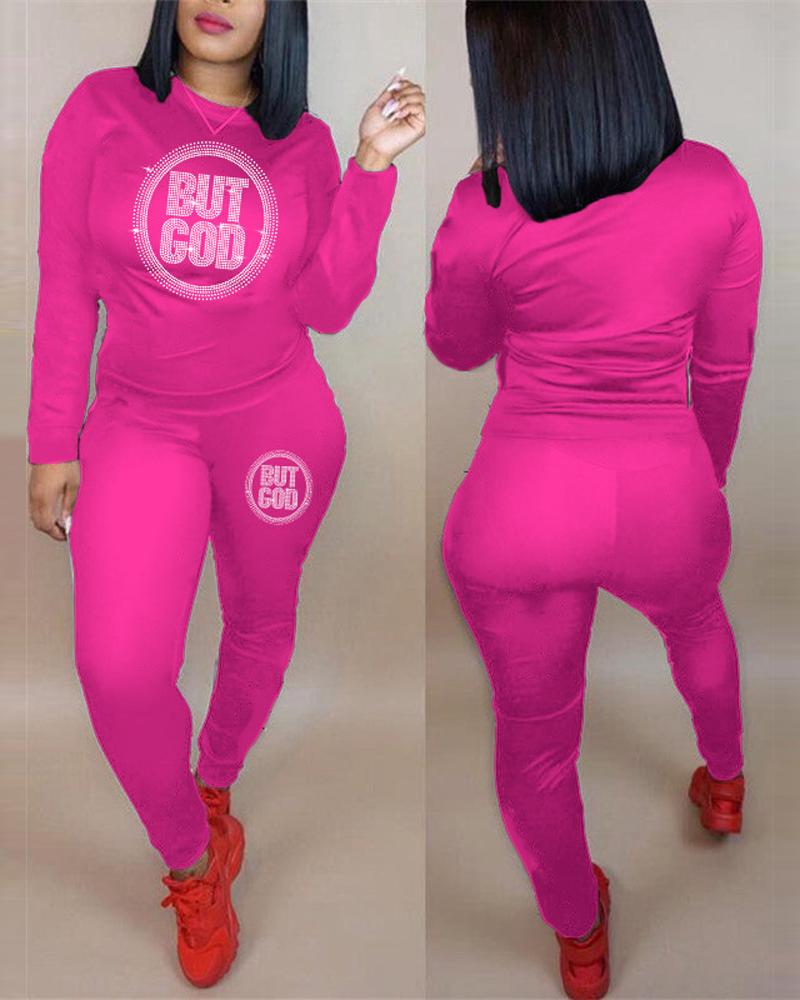 

Rhinestone Letter Pattern Long Sleeve Top & Pants Set, Hot pink