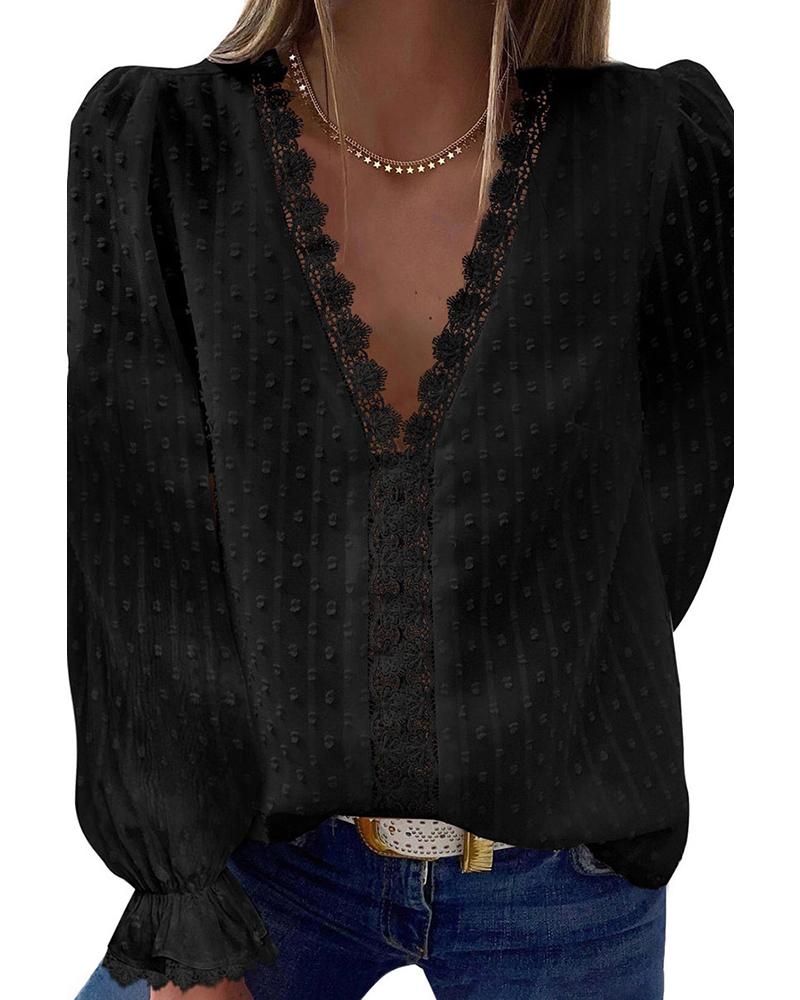 

Lace Patch Swiss Dot Lantern Sleeve Top, Black