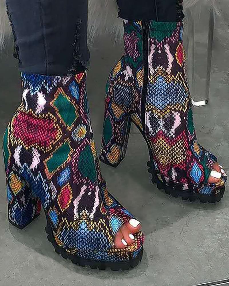 

Peep Toe Snakeskin Print Chunky Boots