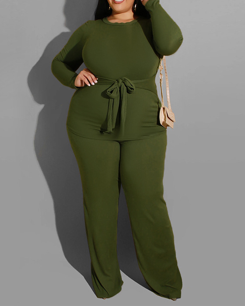 

Plus Size Long Sleeve Tie Front Top & Pants Set, Army green