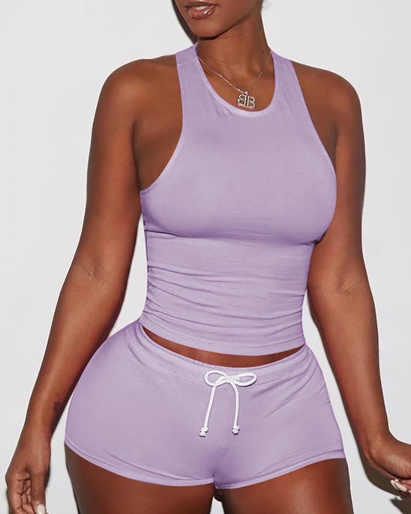 

Sexy Solid Color Sporty Vest Shorts Set, Purple